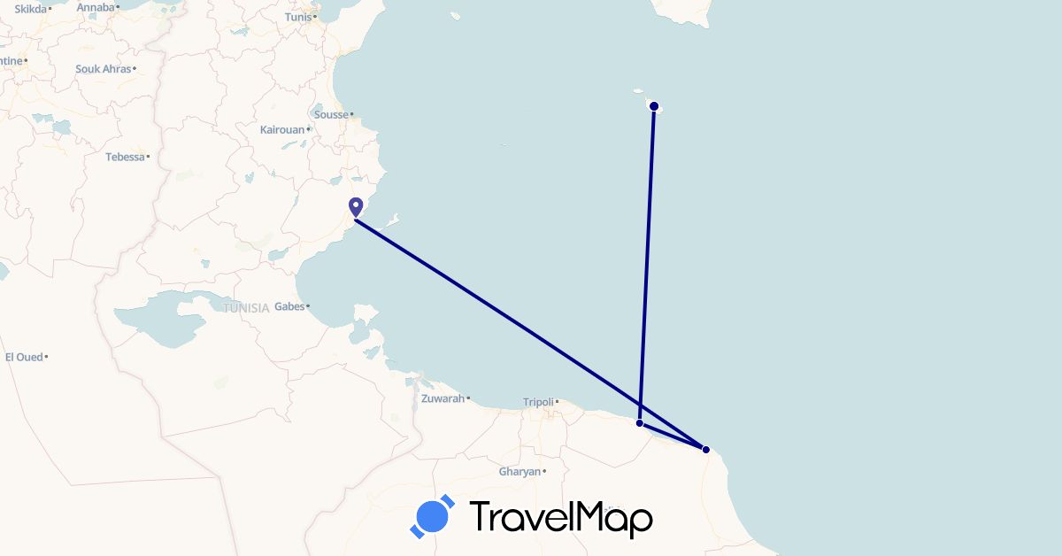 TravelMap itinerary: driving in Libya, Malta, Tunisia (Africa, Europe)